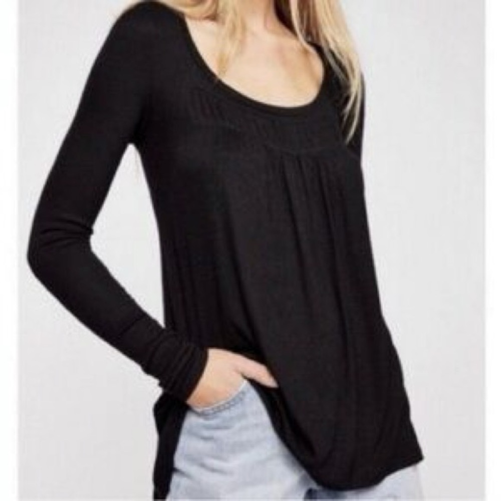 Free People Love Valley Black Ribbed Long Sleeve Top XS